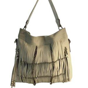 B. Makowsky Alexis Pebble Leather Hobo with Chain & Fringe - white